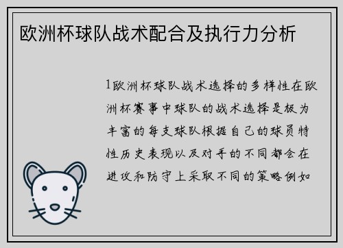 欧洲杯球队战术配合及执行力分析
